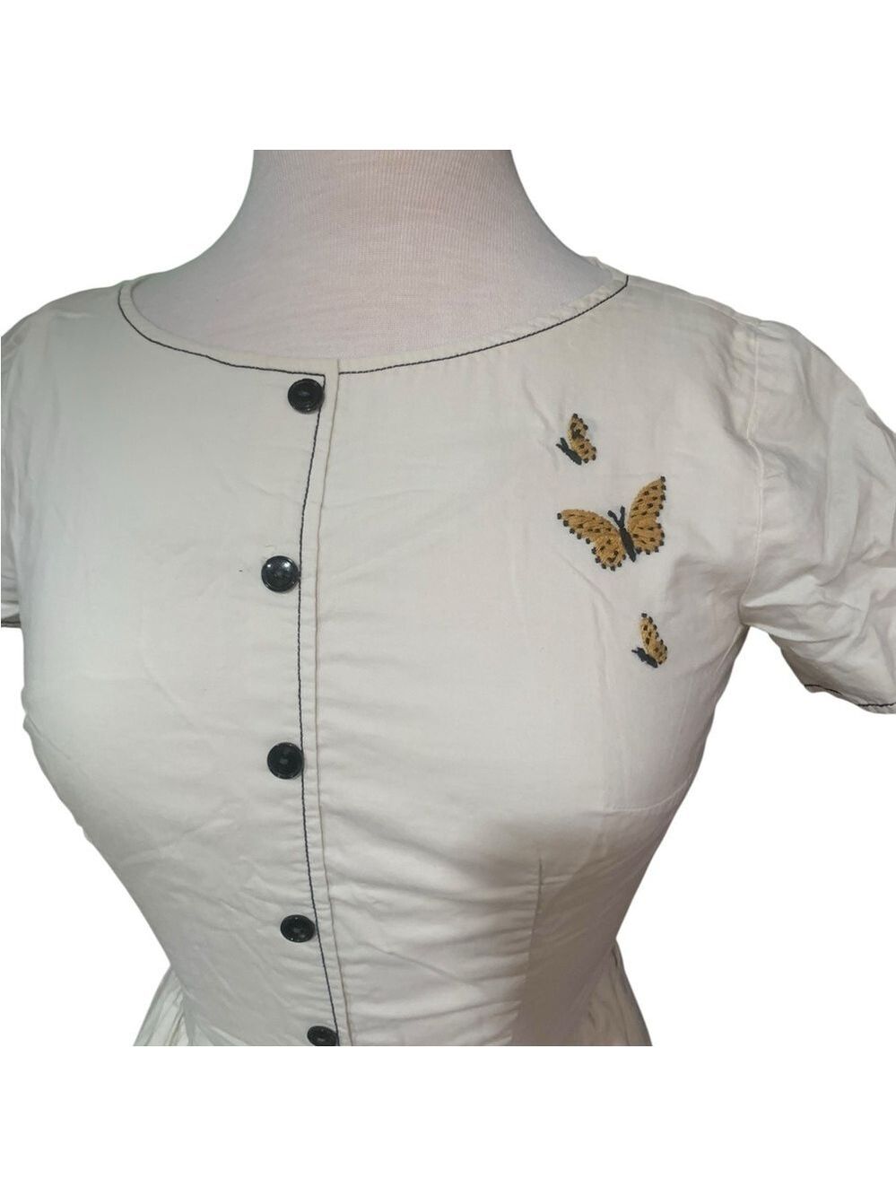 Vntg early 60’s off white cap sleeve midi dress with butterfly detail sz 4 - Picture 2 of 6
